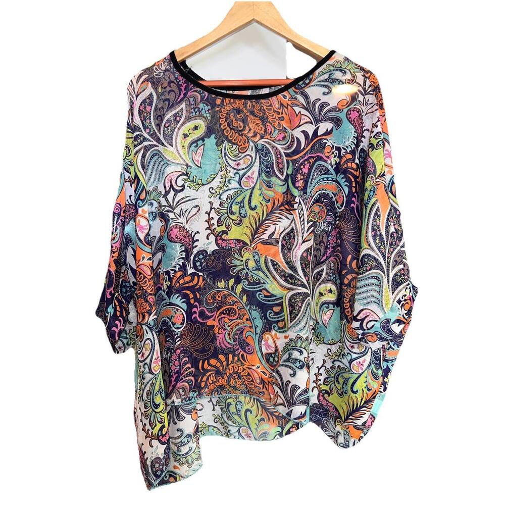 Vibrant Boho Paisley Sheer Batwing Tunic Blouse‎ One Size S-XL Beach Cover Up